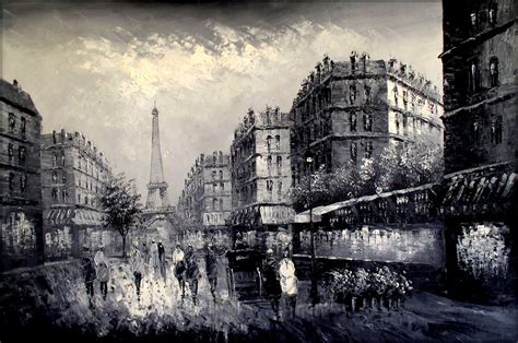 Quality Oil Painting, Old Paris Street with Eiffel Tower Black/White ...