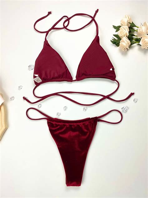Women Sexy Mini Bikini Velvet Micro Swimsuit Thong Triangle Swimwear