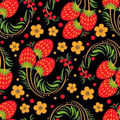 Premium Vector Khokhloma Seamless Pattern With Berries And Leaves On