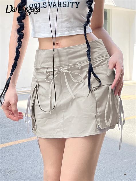 Darlingaga Y2k Harajuku Grey Tech High Waist Cargo Skirt Female 90s