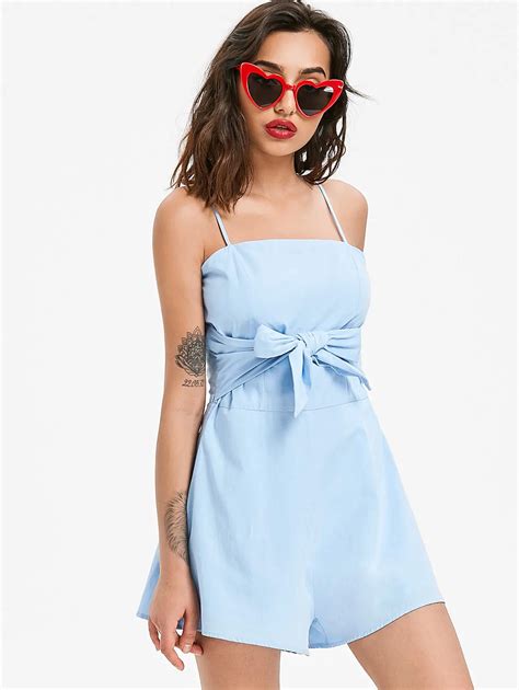 Wipalo Bow Tie Slip Rompers Summer Women Blue Playsuits Sexy Off The