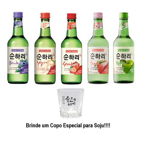 Kit 5 Soju Bebida Coreana Chum Churum Importado Sabores Copo Brinde