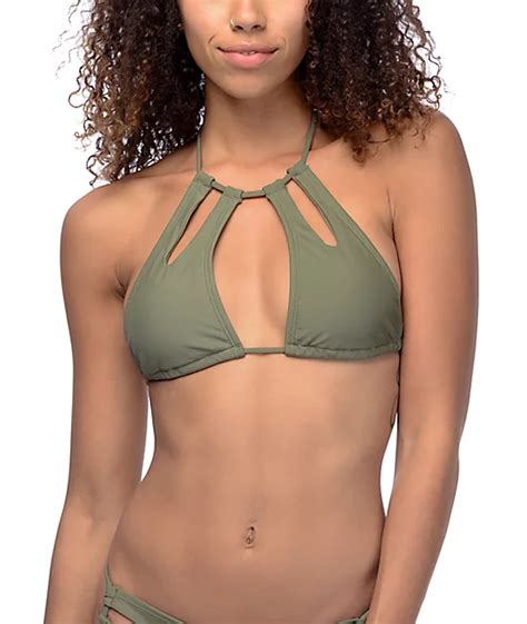 Trillium Keyhole Olive High Neck Halter Bikini Top Zumiez