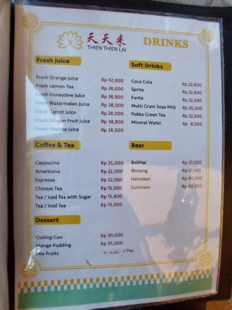 Menu At Thien Thien Lai Chinese Restaurant Jakarta