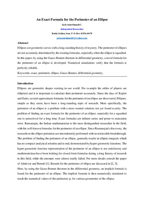 (PDF) An Exact Formula for the Perimeter of an Ellipse
