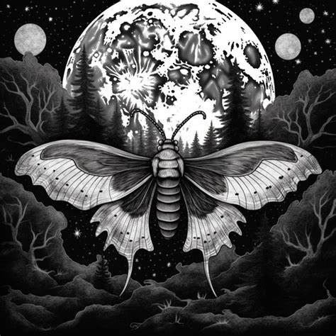 Premium Photo | A black and white drawing of a moth with a full moon in
