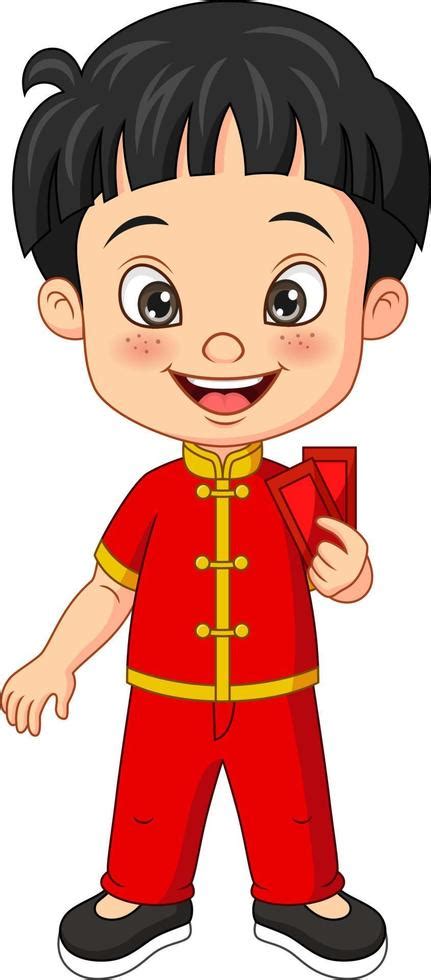 Cartoon Happy Chinese Boy Holding An Envelope Vector Art At