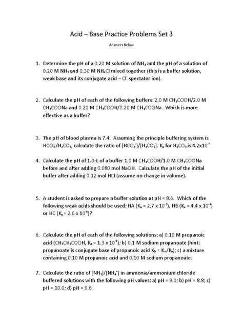 Acid Base Practice Problems Set 3 | PDF | Buffer Solution | Acid