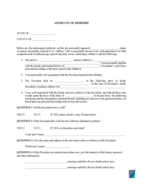 Free Affidavit Of Heirship Form Declaration Of Inheritance Template