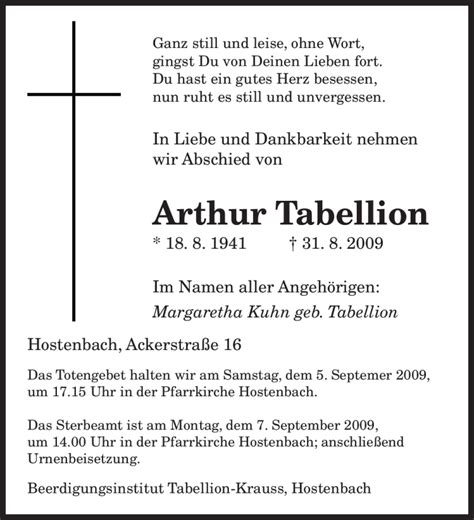 Traueranzeigen Von Arthur Tabellion Saarbruecker Zeitung Trauer De