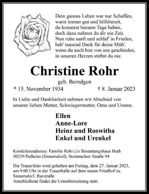 Traueranzeigen Von Christine Rohr WirTrauern