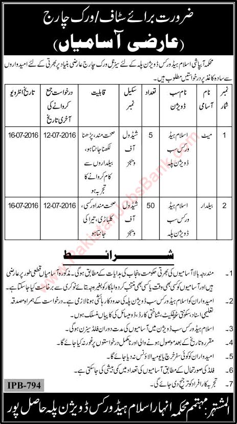 Irrigation Department Hasilpur Jobs 2016 June Baildar Mate At Islam