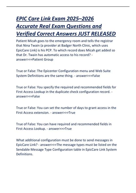 EPIC Care Link Exam 2025–2026 Epic Care Link Configuration & Access