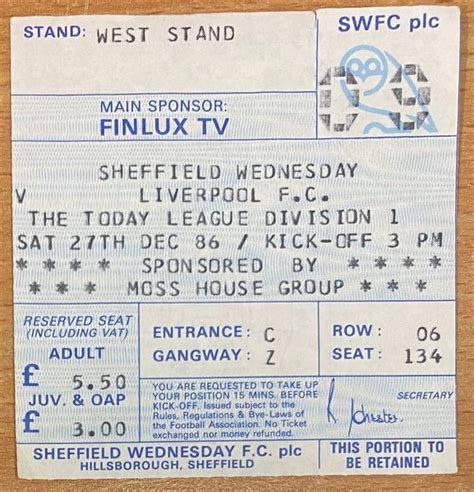 1986/87 ORIGINAL DIVISION ONE TICKET SHEFFIELD WEDNESDAY V LIVERPOOL ...