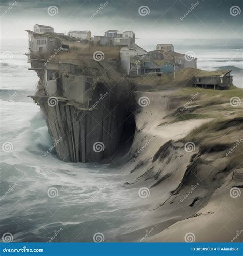 Houses Under Threat by Coastal Erosion Due To Climate Change. Stock