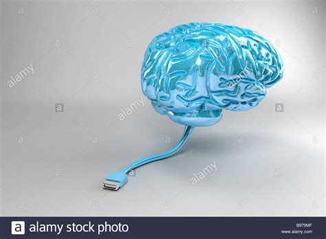 Blue Brain Illustration With Usb Cable On Grey Background Stock Photo