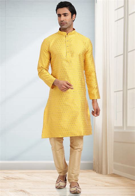 Buy Woven Art Silk Jacquard Kurta Set In Yellow Online Mkm Utsav