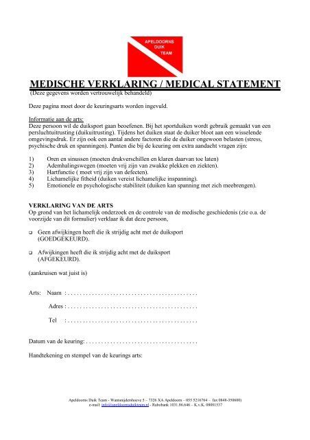 Medische Verklaring Medical Statement Apeldoorns Duik Team