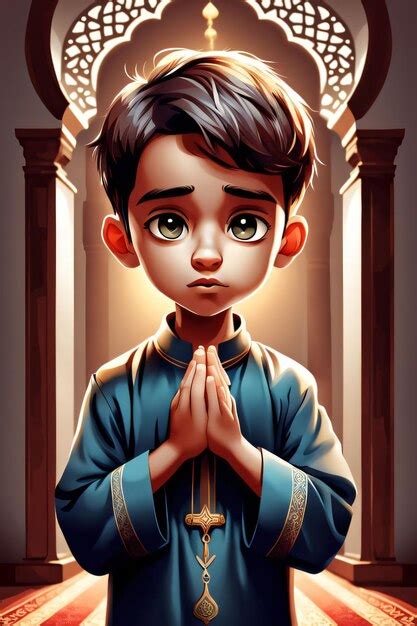 Vector Moslem Boy Praying Dua Premium Ai Generated Image