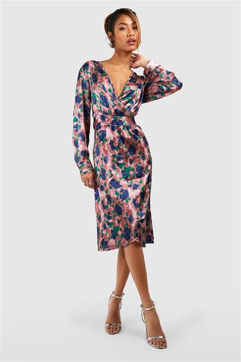 Floral Print Satin Wrap Midi Dress Boohoo