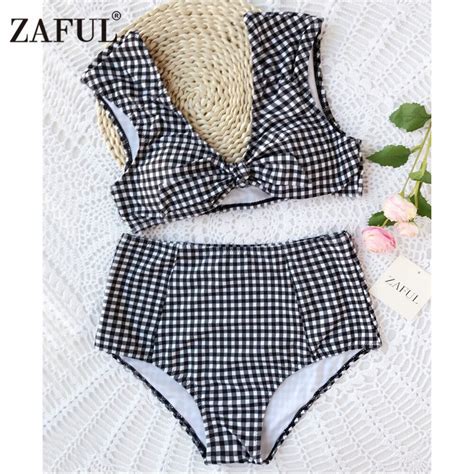 ZAFUL Bikini New Checked High Waisted Tie Front Plaid Bikini High Rise