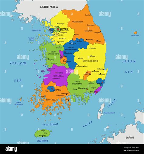 Colorido mapa político de Corea del Sur con capas claramente