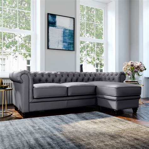 Hampton Grey Leather L Shape Chesterfield Corner Sofa | Furniture Choice