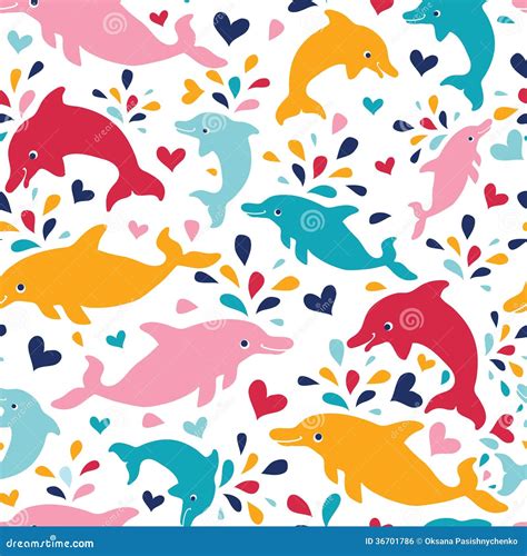 Fun Colorful Dolphins Seamless Pattern Background Stock Vector