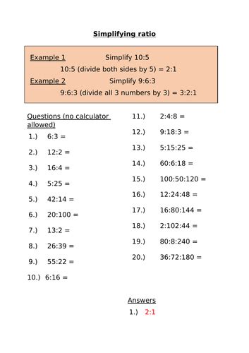 Simplifying Ratios Wanswers Ks3gcse Maths Teaching Resources