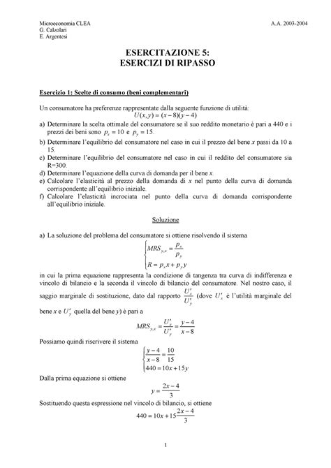 Esercizi Sulla Scelta DEL Consumatore Svolti G Calzolari E