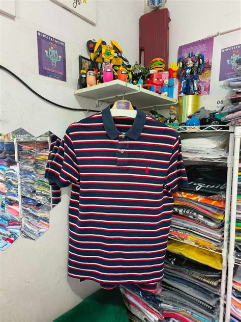 Kaos Polo Ralph Lauren Biru Navy Garis Garis Putih Merah Fesyen Pria