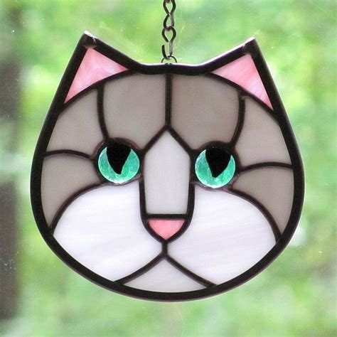 Grey White Stained Glass Cat Face With Blue Eyes By Livingglassart