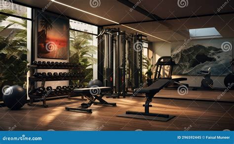 A Home Gym with Exercise Equipment and Motivational Wall Art Stock ...