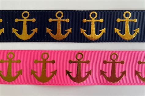 Gold Foil Anchors Navy Blue Or Bright Pink Grosgrain Ribbon Preppy