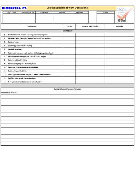 cek list operasional compressor efisien
