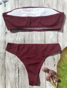 Textured High Leg Bandeau Bikini Set In Burgundy Zaful