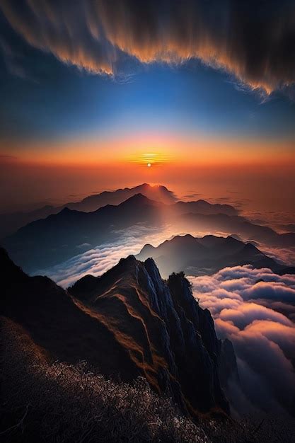 Premium AI Image A Sunset Over The Mountains With The Sun Shining