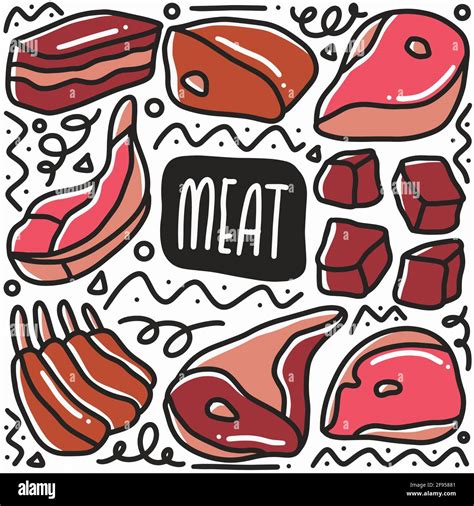 Hand Drawn Raw Meat Doodle Set Stock Vector Image And Art Alamy