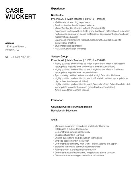 Math Teacher Resume Samples Velvet Jobs