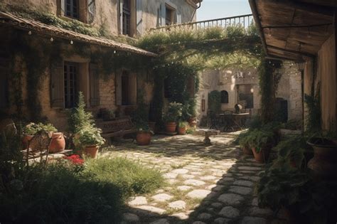 Premium AI Image | A courtyard with a stone wall and plants on it.