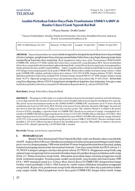 PDF Analisis Perbaikan Faktor Daya Pada Tranformator 2500KVA 400V Di