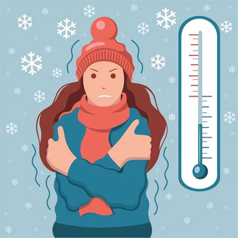 Premium Vector | A woman froze in winter with a cold temperature. meteorology thermometer.