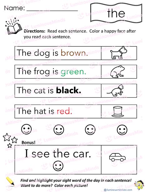 Reading Comprehension Worksheets Reading With Sight Word The 491