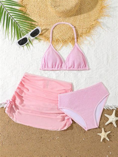 Tween Girls Bikini Sets Textured Green Piece Swimsuit Set With Bowknot Skirt Fashionable