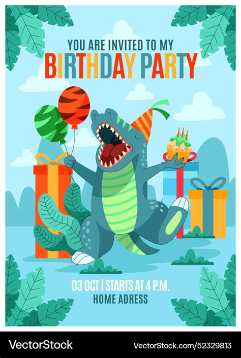 Hand Drawn Dinosaur Birthday Invitation Template Vector Image