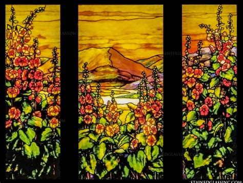 Red Hollyhocks Stained Glass Window