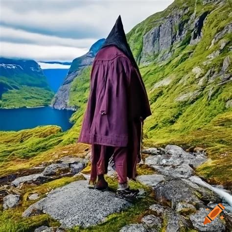 Old Guy On The Fjords Of Norway On A Hike With A Wizard Outfit On Craiyon