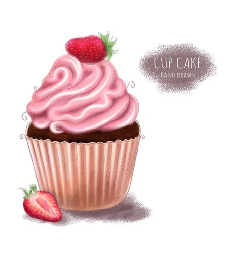 Cupcake Con Crema De Fresa En Estilo Vintage Pastel Vectorial Dibujado