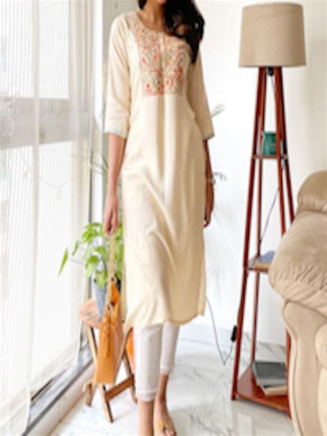 Buy Libas Women Cream Coloured And Peach Coloured Floral Embroidered