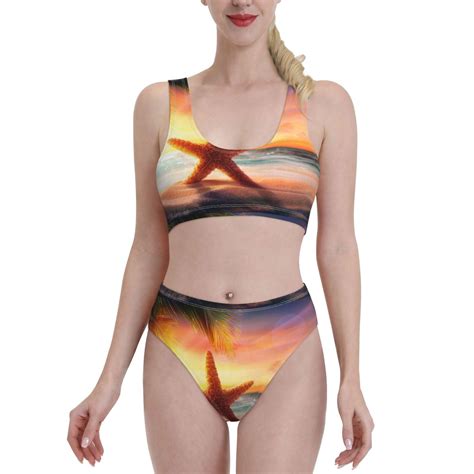 Kdxio Starfish Sunset Sea Beach For Womens High Waisted Bikini Top